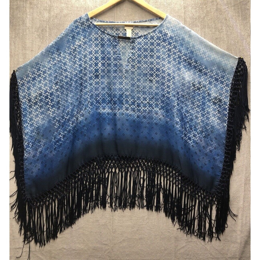 Chicos Poncho Size OS One Size Blue Fringe Stained Kimono Popover